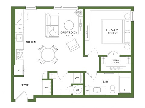Floor plan for 1 bed, 1 bath, 694 sqft